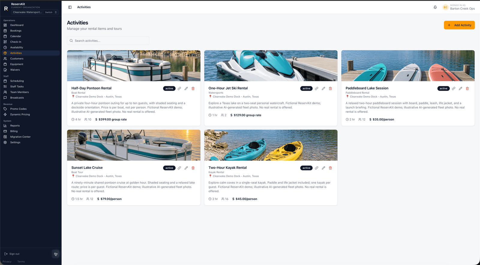 ReservKit activities page showing five configured bookable activities