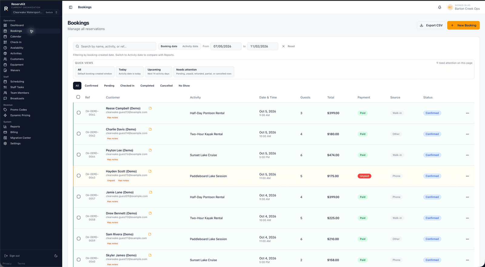 ReservKit operator Bookings screen showing sample reservations with dates, guest counts, payments, and reservation status