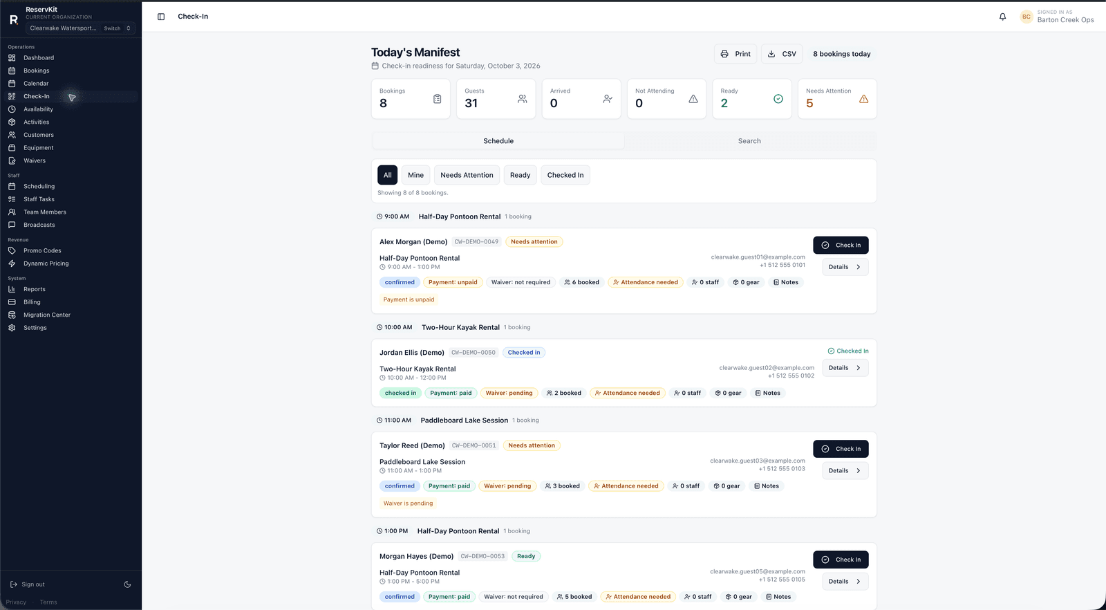 ReservKit check-in manifest showing day-of bookings