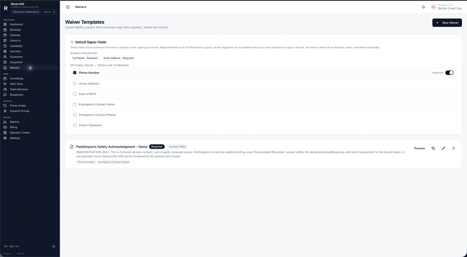 ReservKit Waiver Templates settings showing default signer fields and a demo waiver template